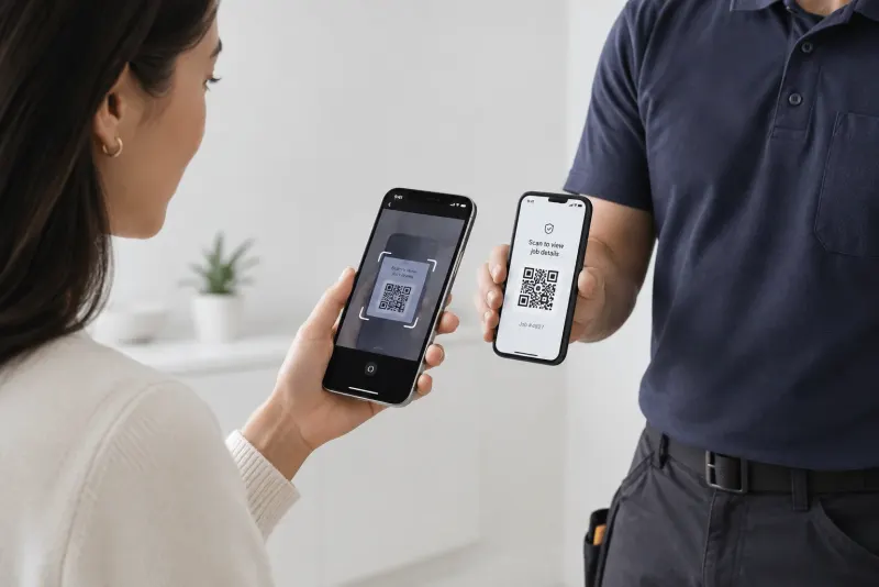 A client scans a QR code on the tradesperson's phone with her own phone