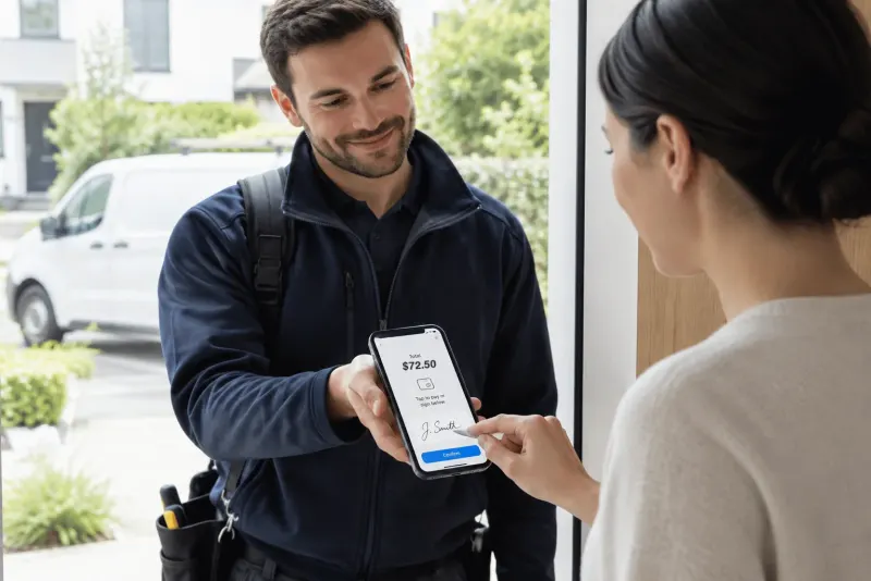 At the door, a client signs the invoice on the tradesperson's phone