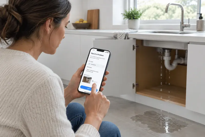 A homeowner in her kitchen sending a service request from her phone, with a leak under the sink