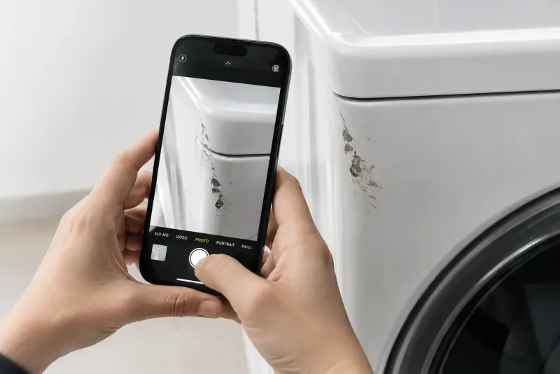 Hands taking a phone photo of damage on a washing machine