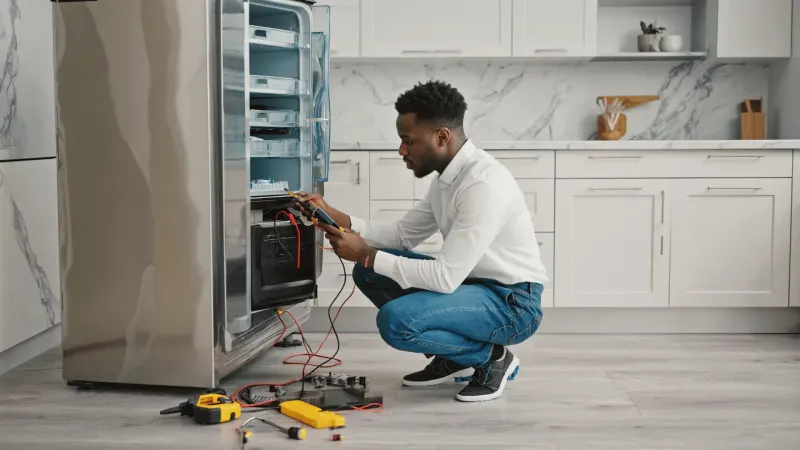 An appliance technician testing a refrigerator with a multimeter