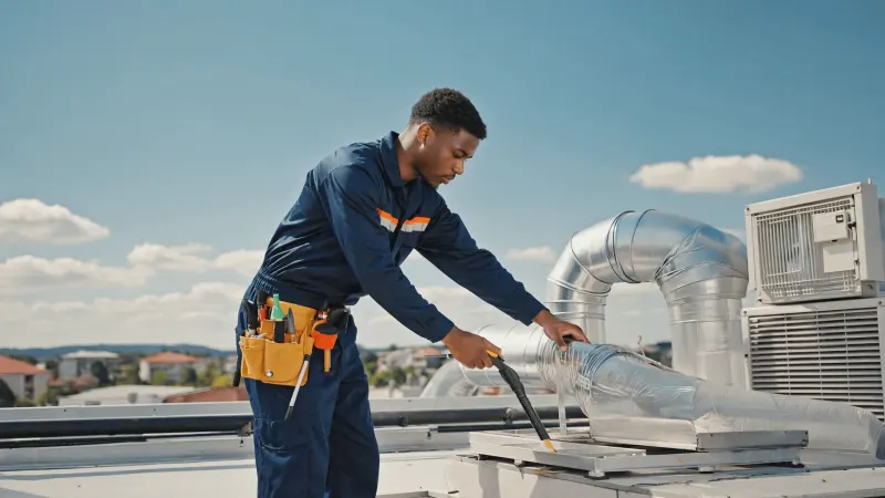 An HVAC technician working on rooftop ductwork
