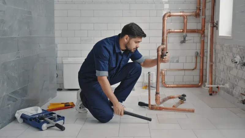 A plumber fitting copper pipes in a bathroom