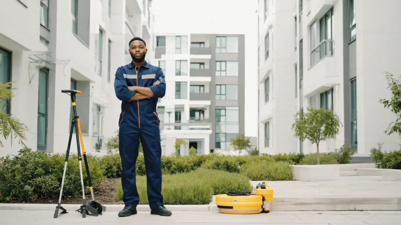 A property maintenance worker outside an apartment building with his equipment