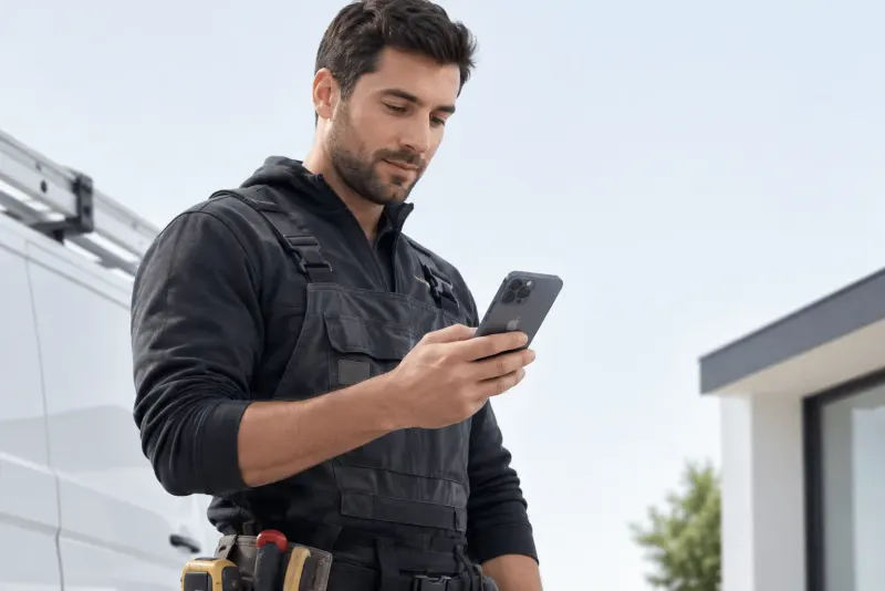 A tradesperson in work overalls checking his phone outside a client's house
