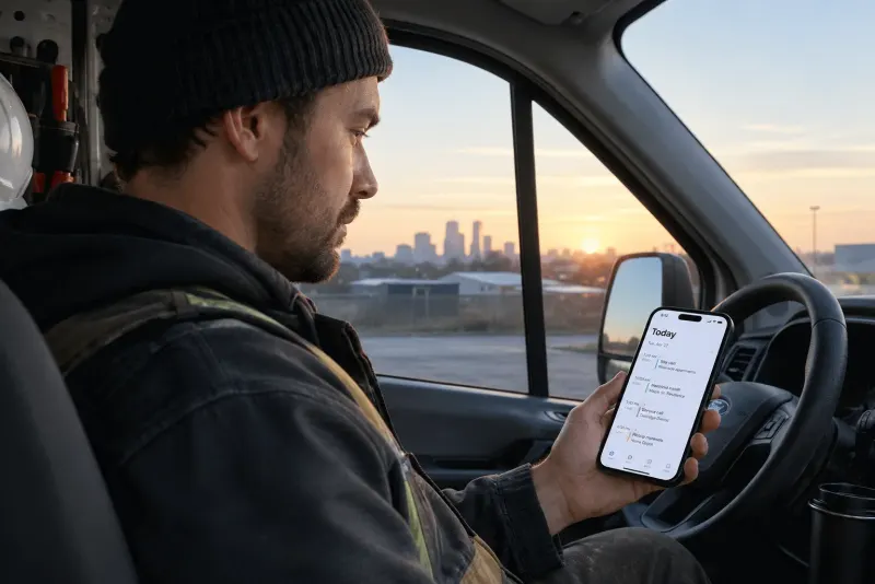 A tradesperson in his van at sunrise, looking at the day's visits on his phone