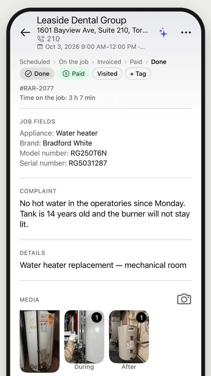 Job details: appliance, brand, model and serial number, the complaint, and before, during and after photos