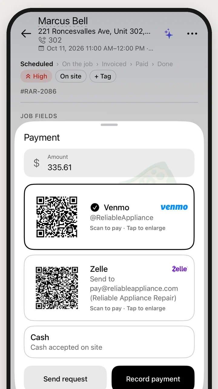 Collect payment sheet with the amount and Venmo and Zelle QR codes