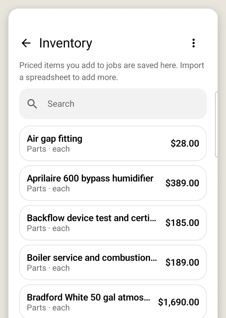 Inventory list of parts with prices
