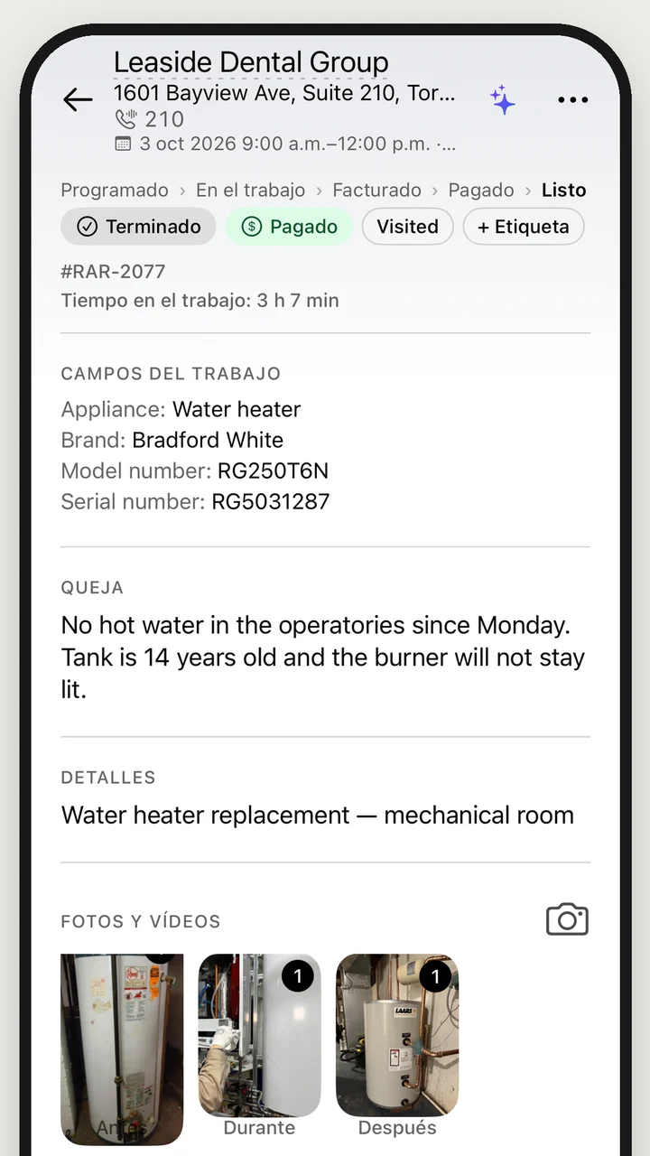 Ficha del trabajo: aparato, marca, modelo y número de serie, la queja y los detalles