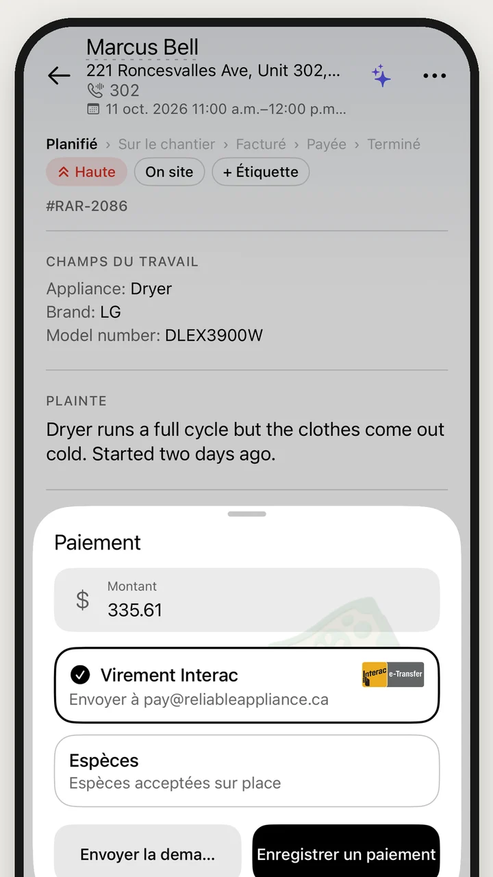 Écran d’encaissement avec le montant et les modes de paiement