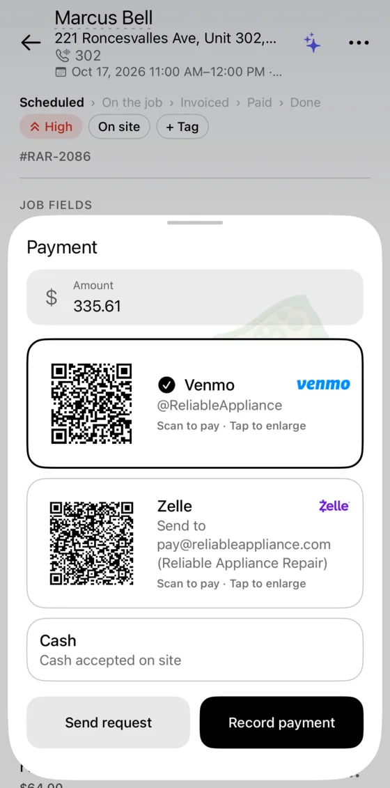 Payment sheet with the amount and Venmo and Zelle QR codes