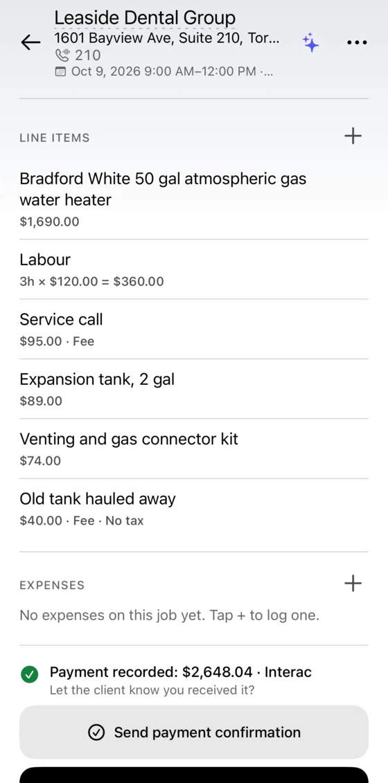 Invoice editor with parts, labour and the service call