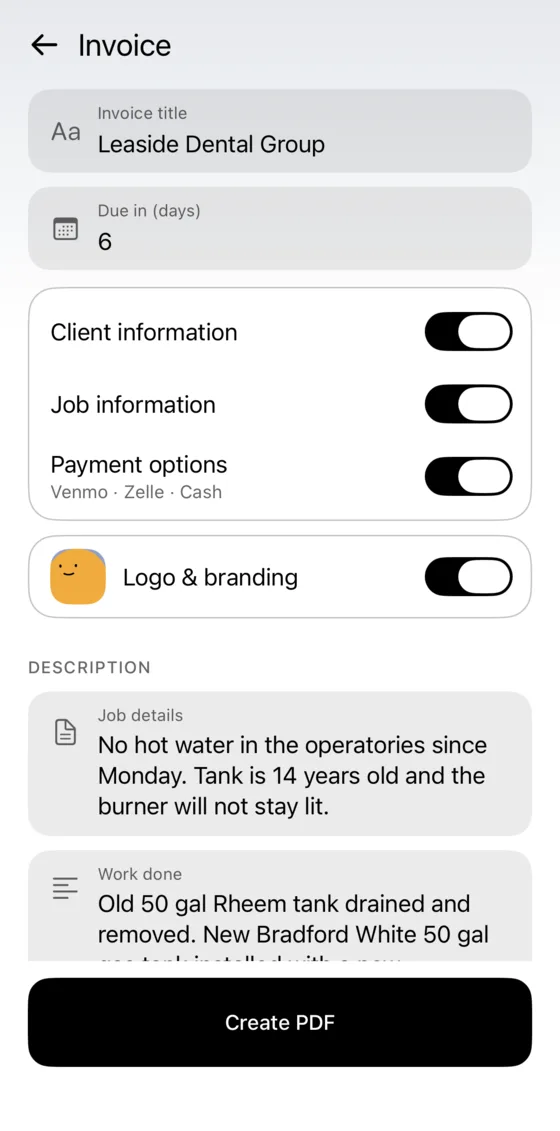 Invoice options: client and job information, payment options Venmo, Zelle and cash, logo and branding