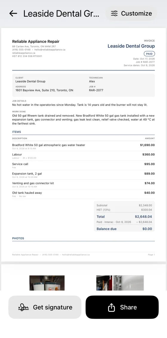 Invoice PDF with the business logo, line items, HST, the Paid stamp and balance due $0.00
