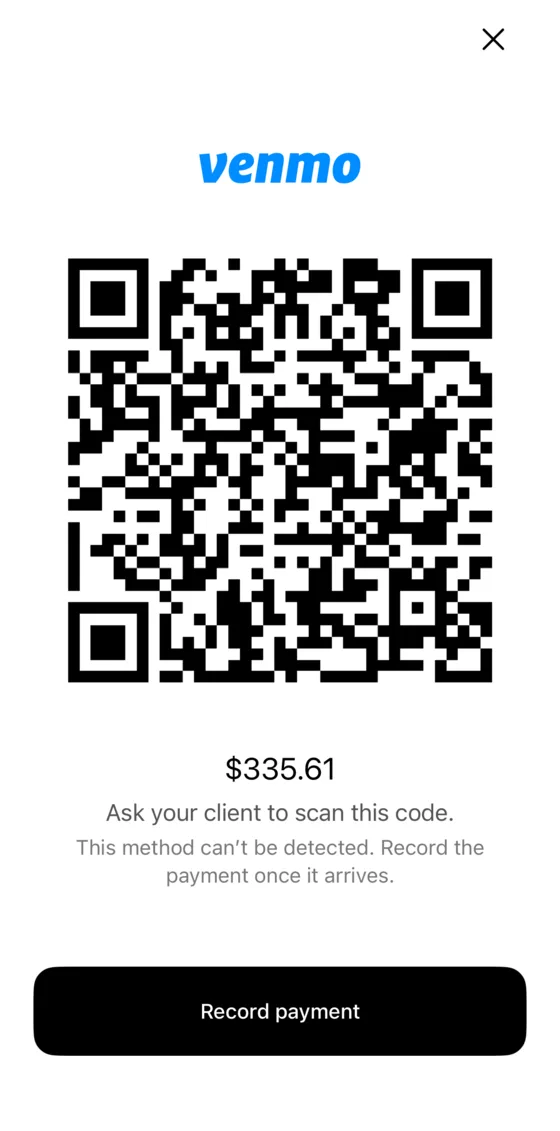 Full-screen QR code for the client to scan and pay