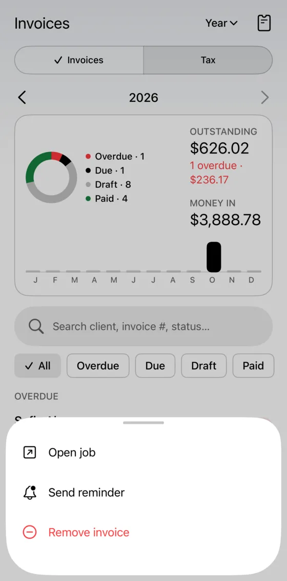 Overdue invoice with the send reminder action