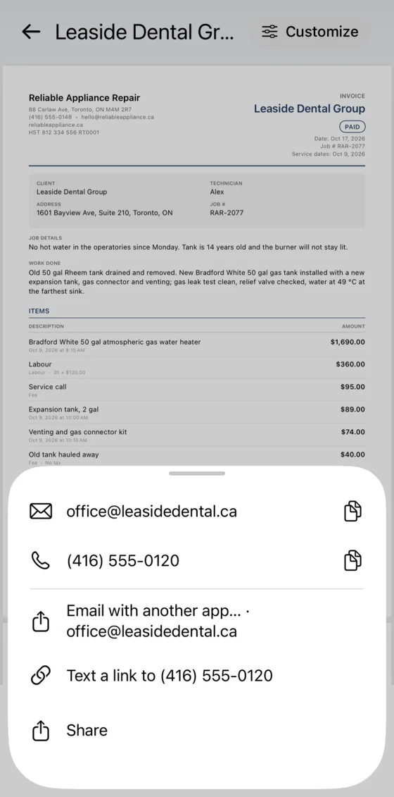 Share sheet for the invoice PDF and pay link