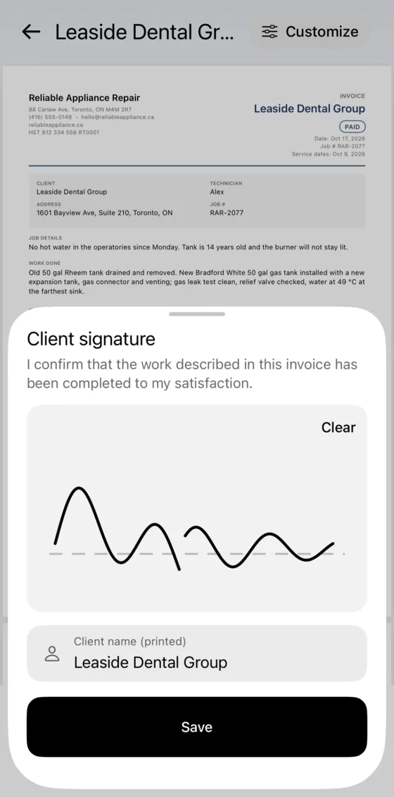 Client signing the invoice on the phone