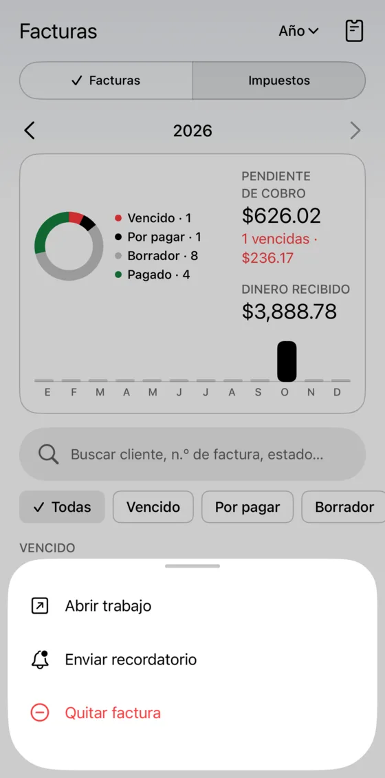 Factura vencida con la acción de enviar recordatorio