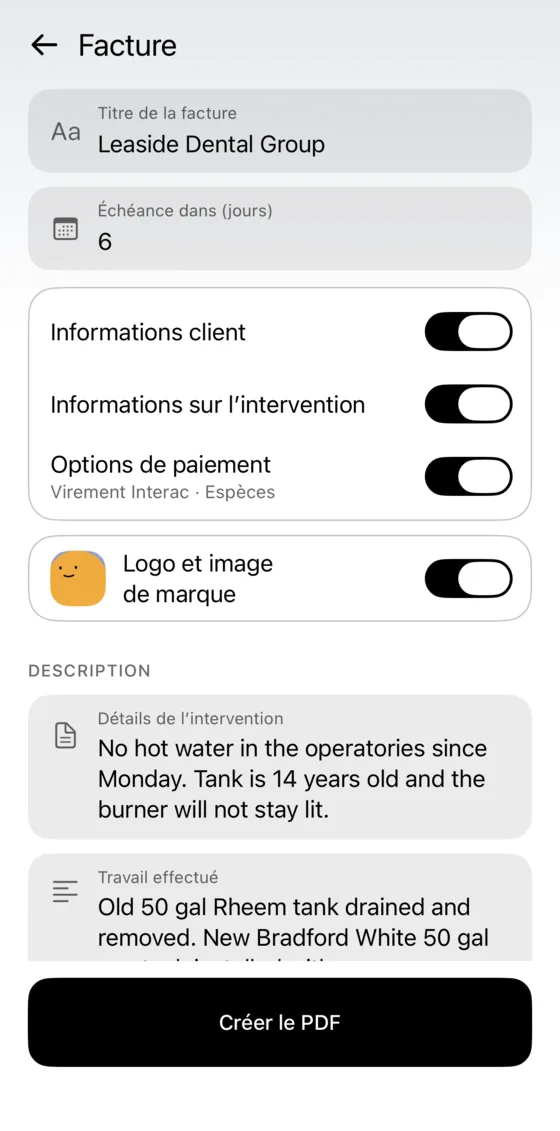 Options de la facture : client, intervention, moyens de paiement, logo et image de marque