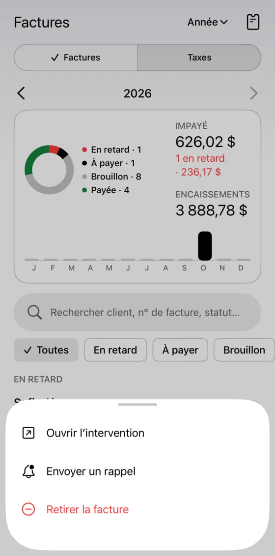 Facture en retard avec l’action d’envoyer une relance