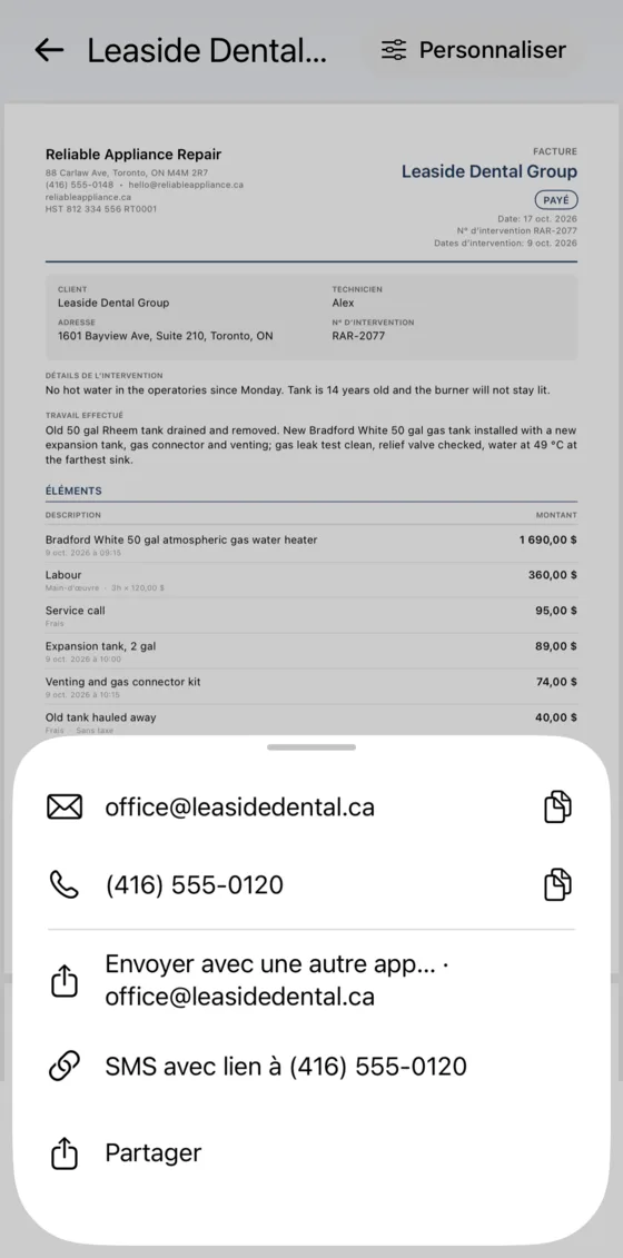 Feuille de partage du PDF et du lien de paiement