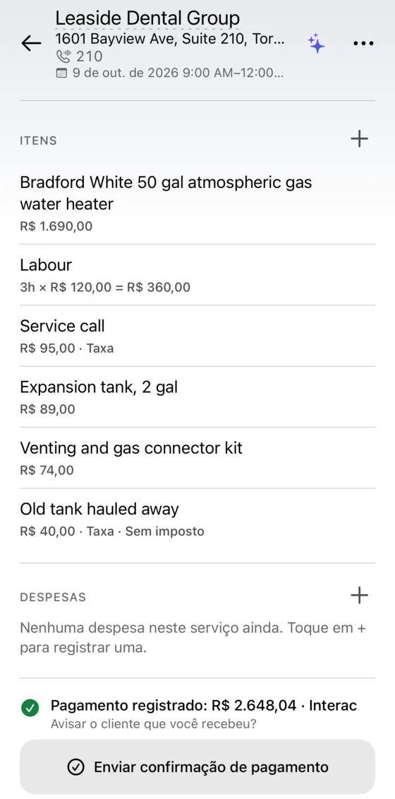 Editor de fatura com peças, mão de obra e visita técnica