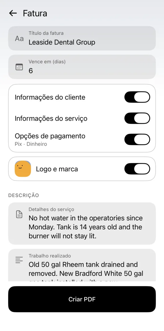 Opções da fatura: cliente, serviço, formas de pagamento, logo e marca