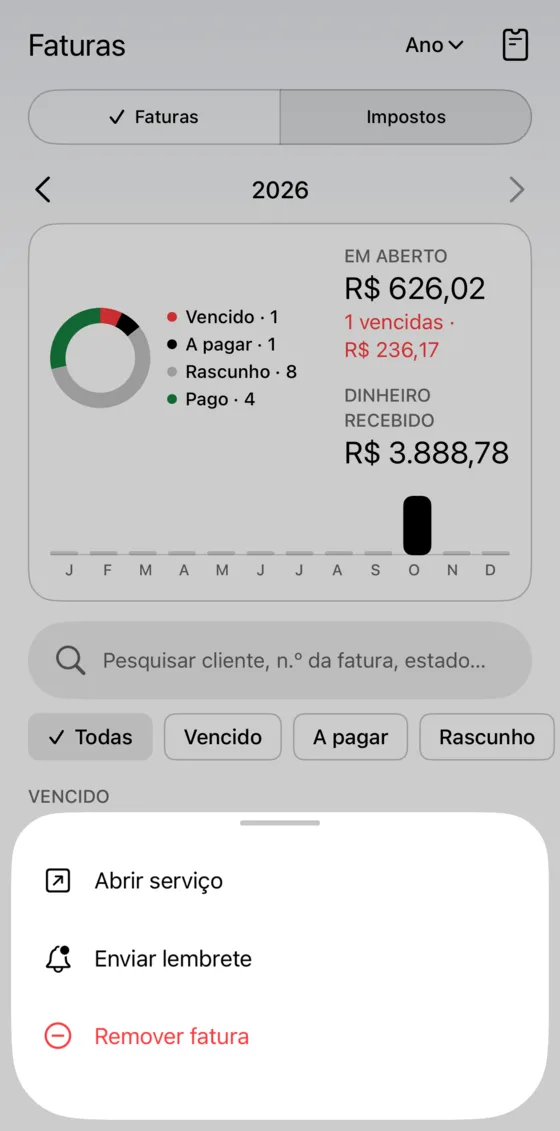 Fatura vencida com a ação de enviar lembrete