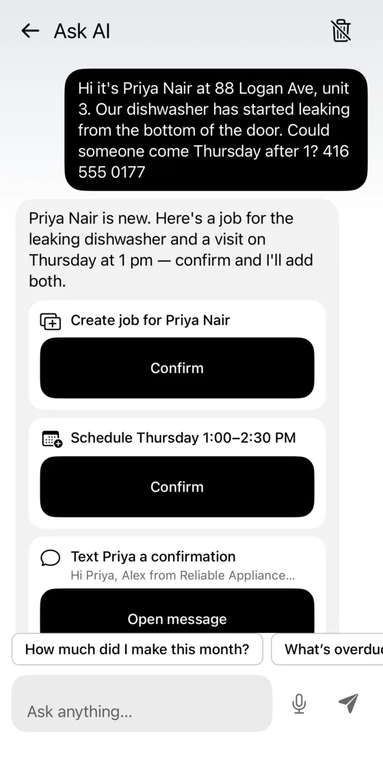 Ask AI with a pasted customer text and three proposals to confirm: create the job, schedule Thursday 1:00–2:30 PM, text a confirmation