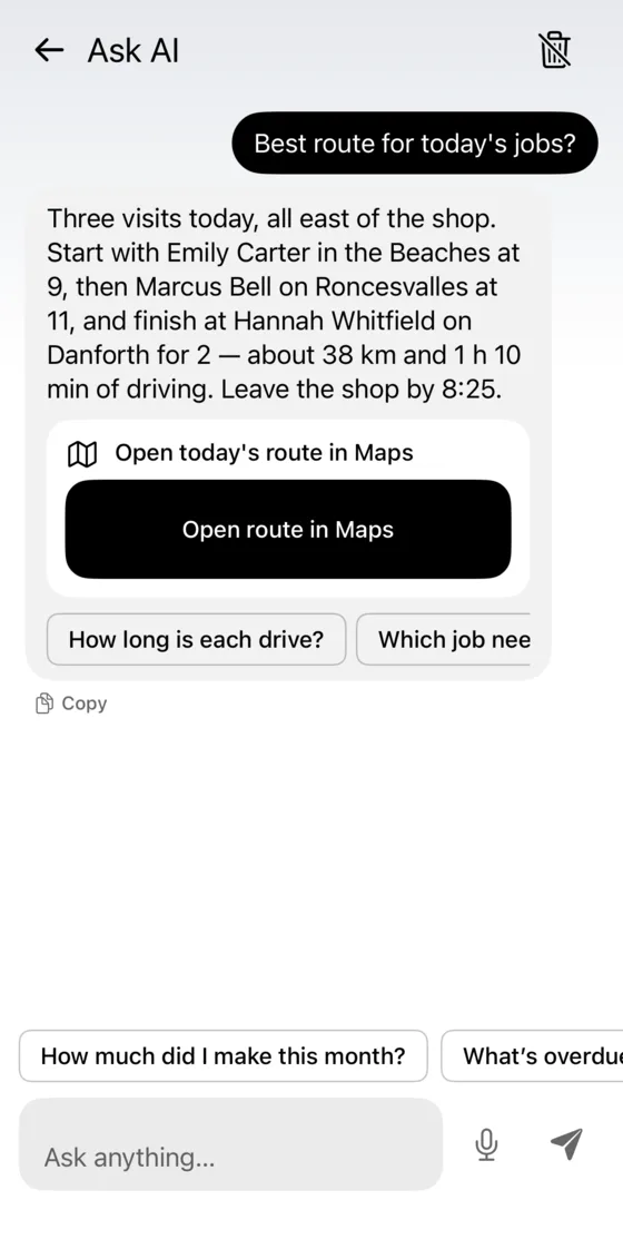 Ask AI planning the best route for today’s three visits, with Open route in Maps