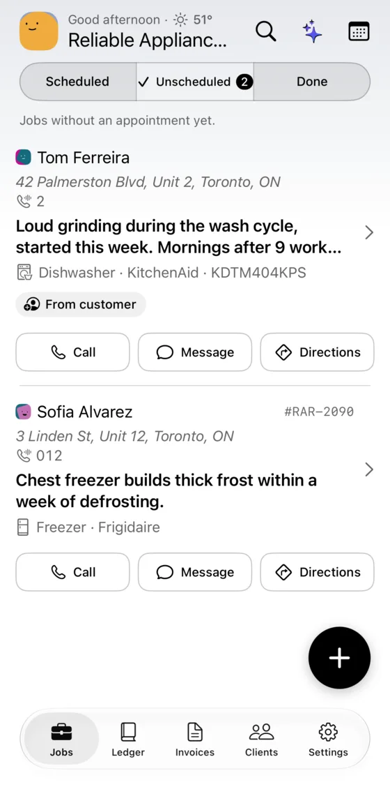Unscheduled list with a job marked From customer