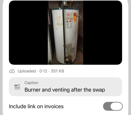 Video sheet: the clip, uploaded, a caption and Include link on invoices switched on
