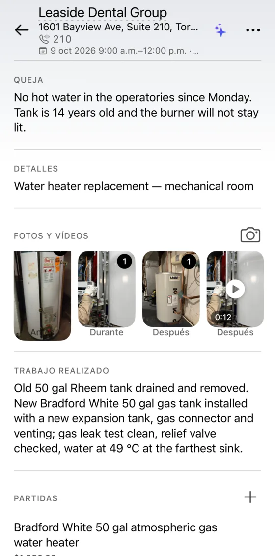 Fotos del trabajo etiquetadas antes, durante y después