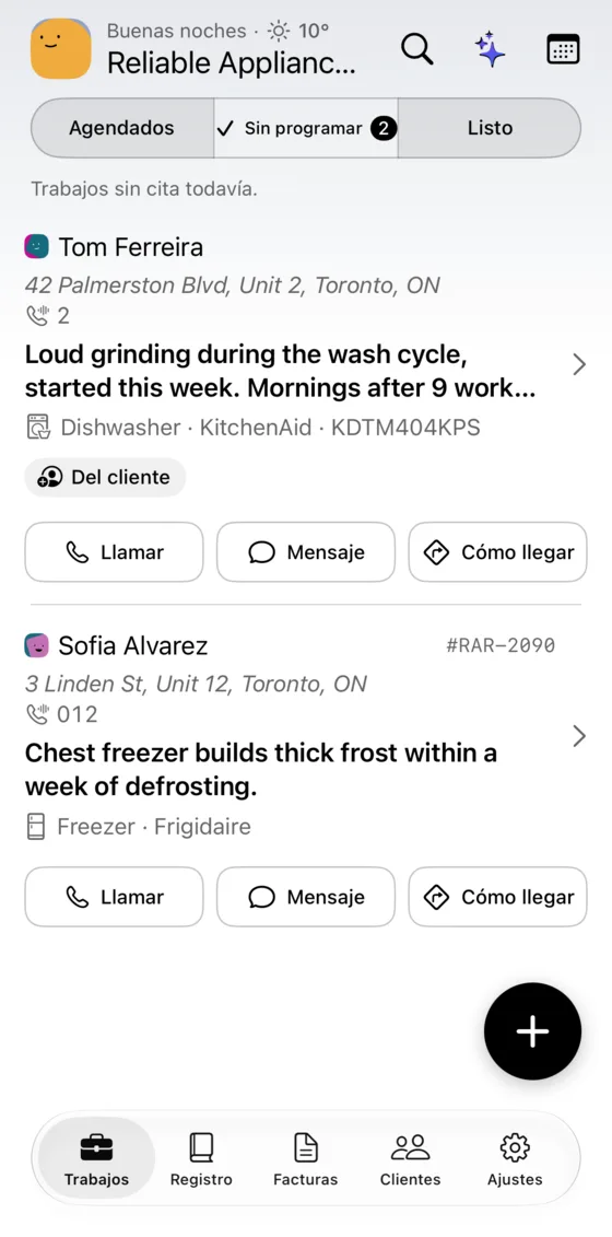 Lista Sin programar con un trabajo marcado Del cliente