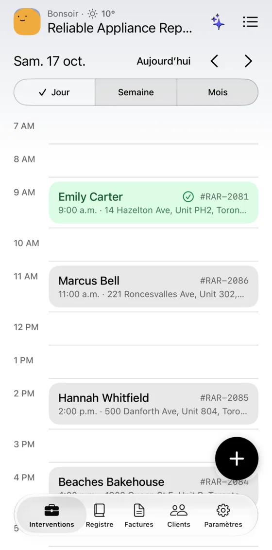 Vue jour de l’agenda avec les visites du jour