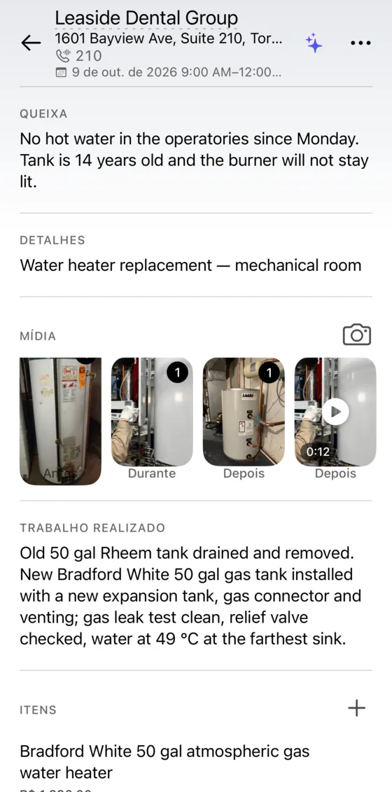 Fotos do serviço marcadas antes, durante e depois