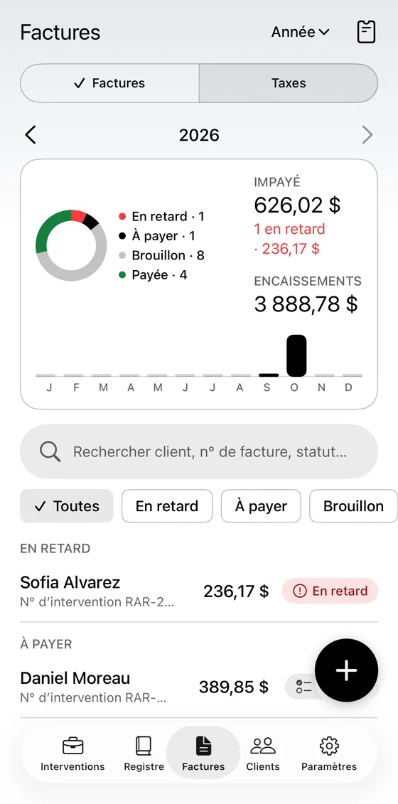 Onglet Factures : impayé, en retard, à payer, brouillons et encaissements